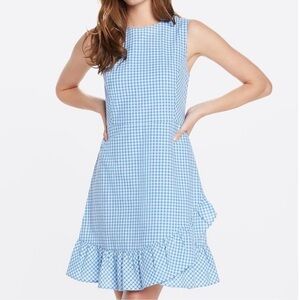 DRAPER JAMES Seersucker Dress Size 4 Blue Gingham Faux Wrap Ruffle Cottagecore